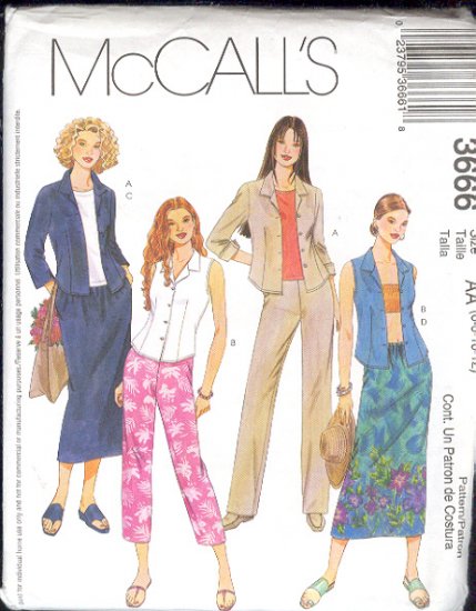 McCall's Sewing Pattern 3666 Shirt, Capri, Skirt and Pants, Size 14 - 20