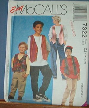 McCall's Sewing Pattern 7322 Boy's Lined Vest, Stretch Knit T Shirt, pull on pants. Size 10 12 14