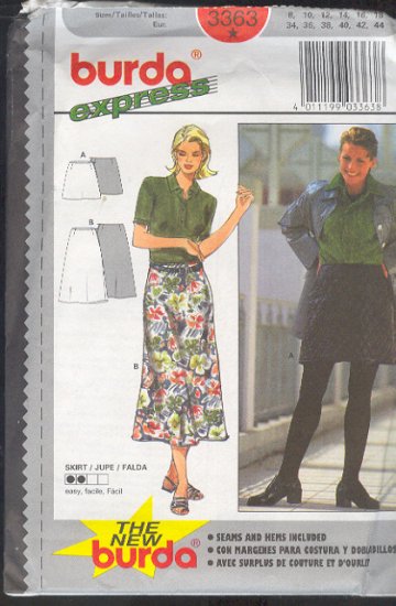 Burda Sewing Pattern 3363 Quick A line Skirt in two lengths, Size 8 - 18