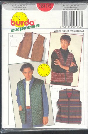 Burda Sewing Pattern 3916 Unisex vest, Size 44 - 58 chest