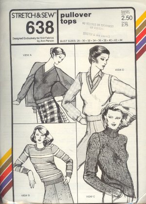 Stretch & Sew Sewing Pattern 638 Pullover tops with neckline variations, Size bust 28 - 44