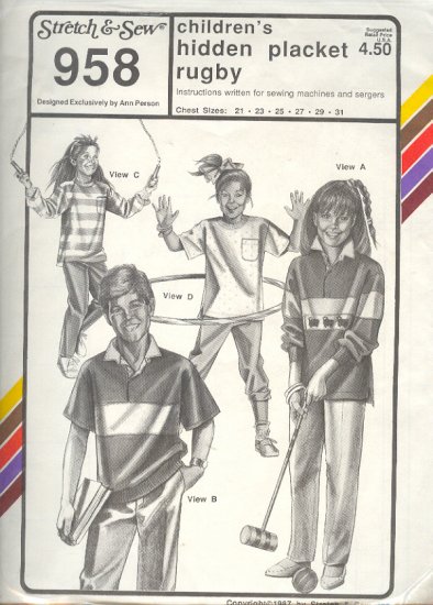 Stretch & Sew Sewing Pattern 958 Child's Hidden Placket Rugby Top, Chest size 21 - 31