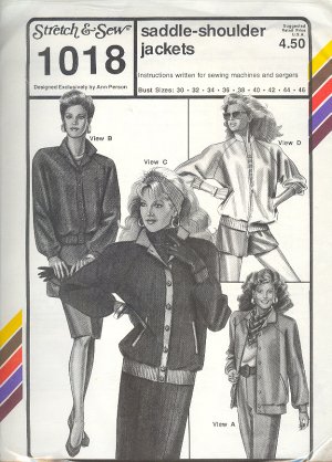 Stretch & Sew Sewing Pattern 1018 Saddle Shoulder Jackets, bust size 30 - 46
