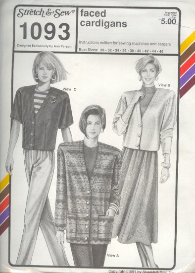 Stretch & Sew Sewing Pattern 1093, Faced Cardigan in three styles, bust size 30 - 46