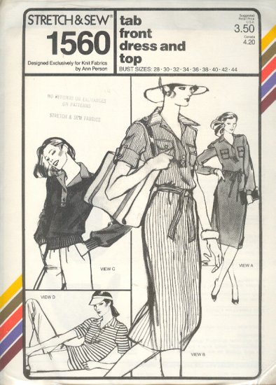 Stretch & Sew Sewing Pattern 1560 Tab Front Dress and Top, Bust Size 28 - 44