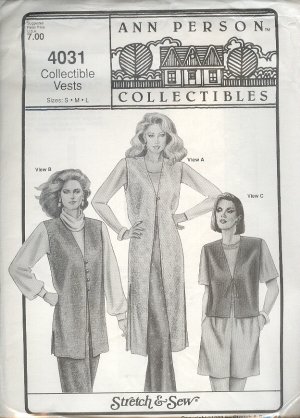 Stretch & Sew Sewing Pattern 4031 Vest in three lengths, Bust size 30 - 46