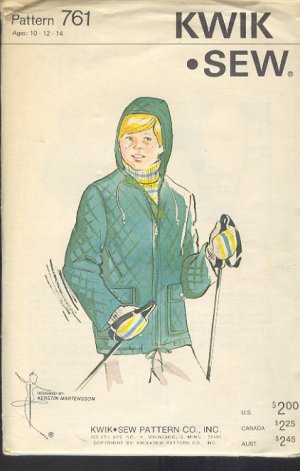 Kwik Sew Sewing Pattern 761 Quilted Hooded Jacket for Boy's Ages 10 12 14