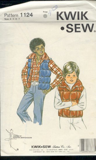 Kwik Sew Sewing Pattern 1124 Boy's Qulted or down vest, lined, sizes 4 - 7
