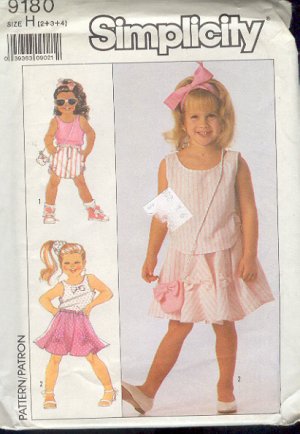 Simplicity Sewing Pattern 9180 Girl's Tank Top and Two Skirts with cute purse.  Size 2 3 4