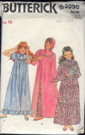 Butterick Sewing Pattern 3990 Robe with hood and night gown in two styles, Size Child's 10