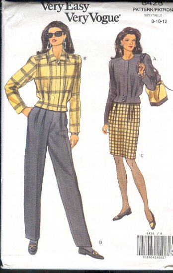 Vogue Sewing Pattern 8428 Pleated Waist jacket, skirt and pants, ize 8 ...
