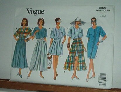 Vogue Sewing Pattern 2906 Dress, Top, Skirts, Shorts and Pants, Size 8 10 12