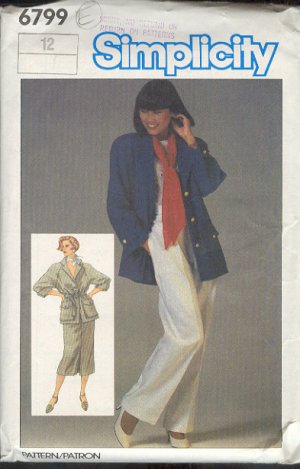 Simplicity Sewing Pattern 6799 Unlined Jacket, pants and skirt,  Sizes 12