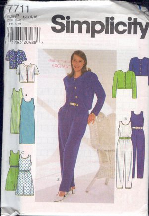 Simplicity Sewing Pattern 7711 Jumpsuit, Dress and Jackets with variations, Size 12 - 16
