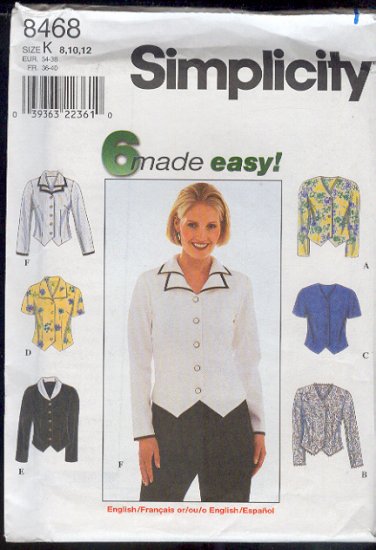 Simplicity Sewing Pattern, Wesket Blouse with variety of collars, Size 8 10 12