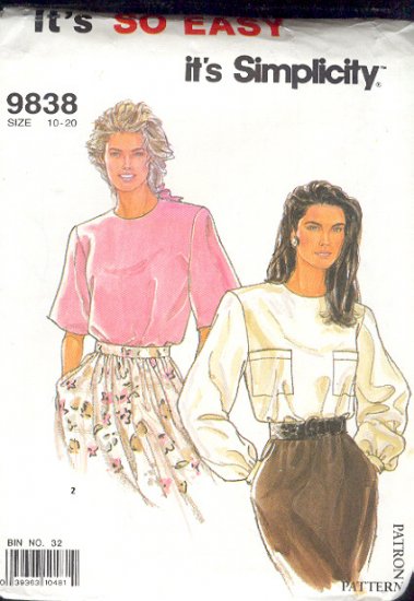 Simplicity Sewing Pattern 9838 Two Blouses, Sizes 10 - 20