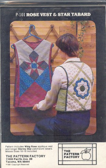 Sewing Pattern The Pattern Factory, Quilted Vest Rose and Star Tabard, Sizes 10 -16