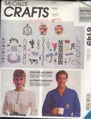 McCall's Sewing Pattern 6149, Embroidery and Monagram designs, One size