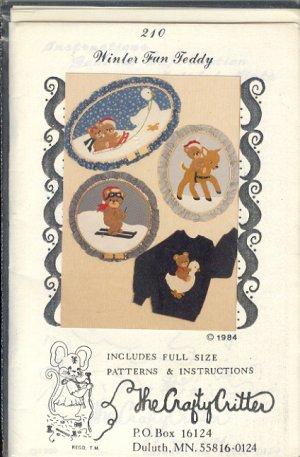 Sewing Pattern, Crafty Critter 210, Teddybear, Skier and Goose hoops, 12 - 20 inches