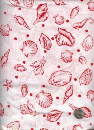 Sewing Fabric Cotton Seashells Red/white 2.5 yds X 44"  No. 114