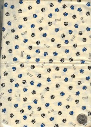 Sewing Fabric Cotton Dog Bones Paws, Black on beige 1yd  No. 112