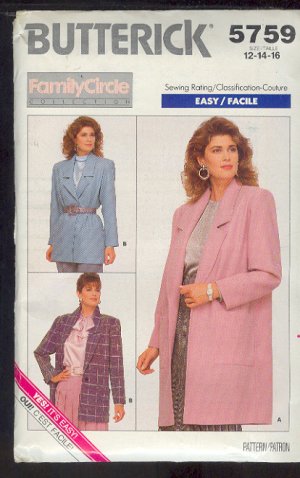Sewing Pattern Butterick 5759 Handsome Jacket, Size 12-14-16