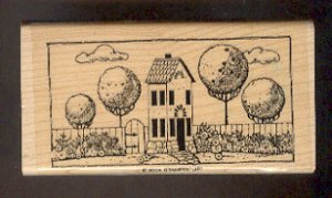 Rubber Stamp Scrapbooking - Wood Mounted - New - Stampin Up - House w Trees 2 X 4"