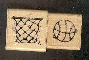 Rubber Stamp Scrapbooking - Wood Mount - Used - D.O.T.S. - Basketball & Net 1.5X 1.5"