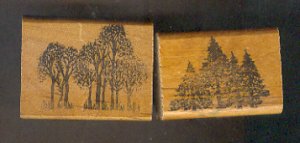 Rubber Stamp Scrapbooking - Wood Mount - Used - Vintage -  2 Trees 2.25 X 1.5"