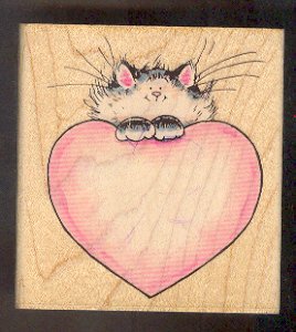 Rubber Stamp Scrapbooking - Wood Mount - Used - Penny Black - Cat with Heart 3.5 X 3.5"