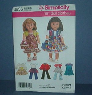 Sewing Pattern Simplicity 3936 Doll Wardrobe 18" doll