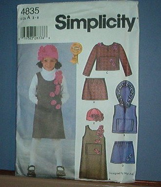 Simplicity Sewing Pattern Child 7835 pullover jmper, vest, top, skrt and hat. Size 3-8