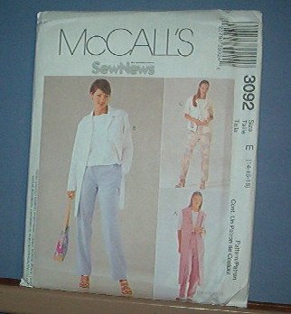 Sewing Pattern McCall's 3092 Unlined jacket (two lengths) vest and pull on pants Size 14-18
