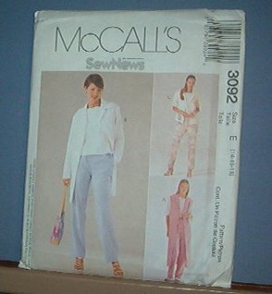 Sewing Pattern McCall's 3092 Unlined jacket (two lengths) vest and pull on pants Size 14-18