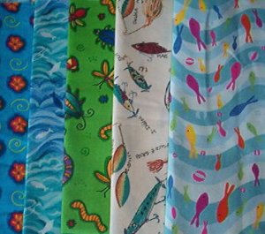 Sewing Fabric - Quilting Pieces  - 5 eacj - fish, bugs, bait, flowers