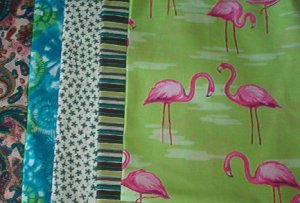 Sewing Fabric - Quilting Pieces  - 5 each - odd prints and famingoes