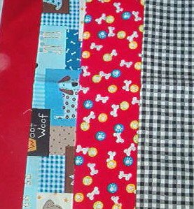 Sewing Fabric - Quilting Pieces -4 each - black & white check, two dog patterns and deep red