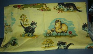 Sewing Fabric Cotton Yellow print, vintage, cats and sheetp No. 269