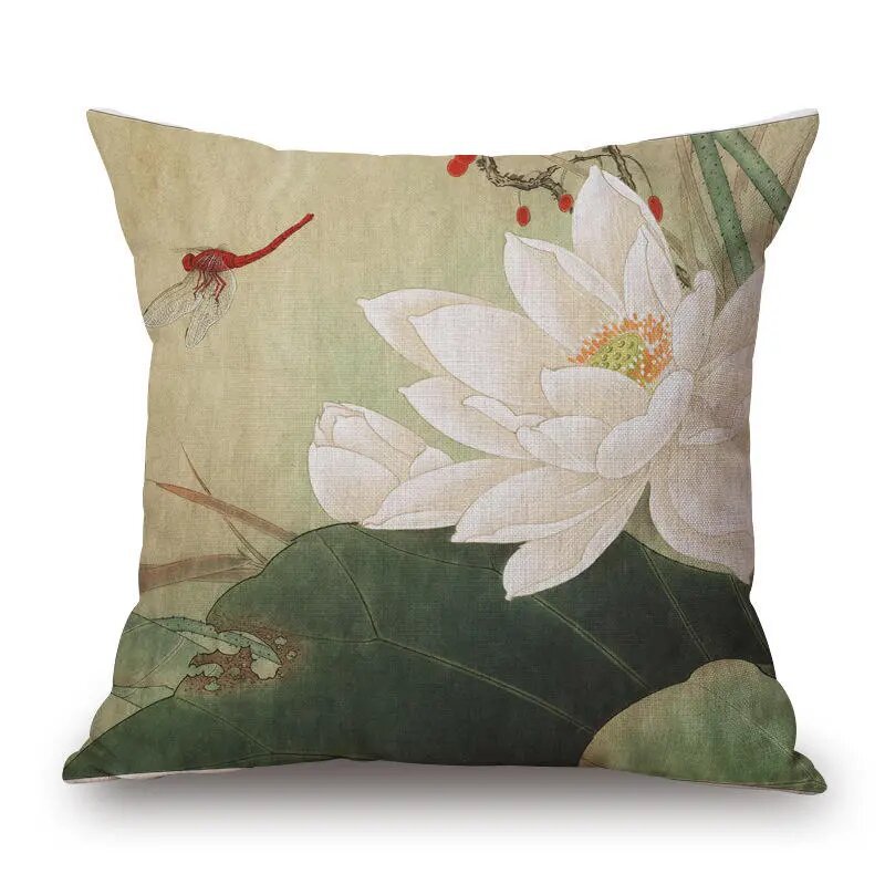 45x45cm Vintage Lotus Flower Cotton Linen Throw Pillow Case Waist Cushion Cover