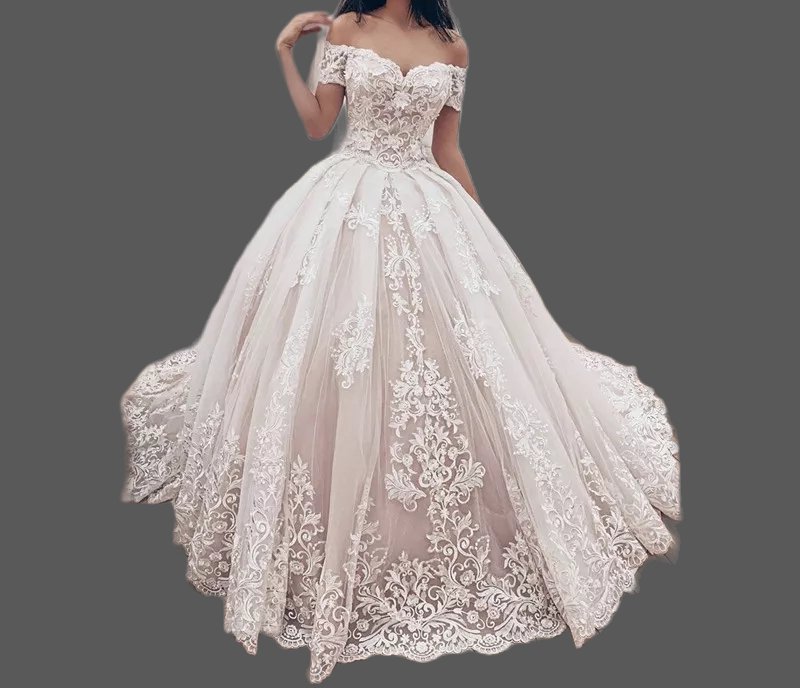 Custom Floral Lace Applique Off Shoulder Princess Ball Wedding Gown All Sizes