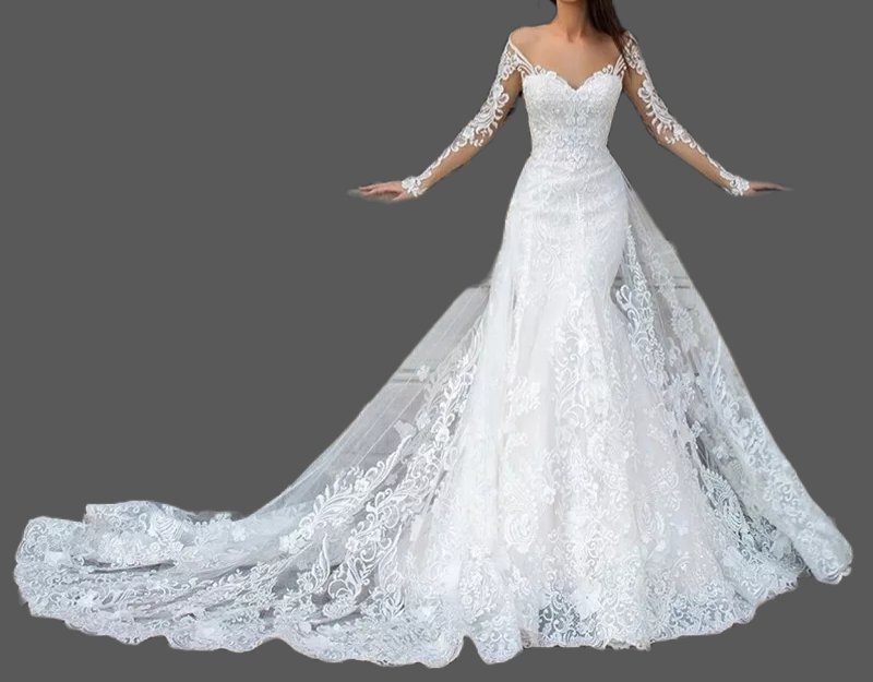 Custom Lace off Shoulder Mermaid Detachable Train Wedding Gown All Sizes