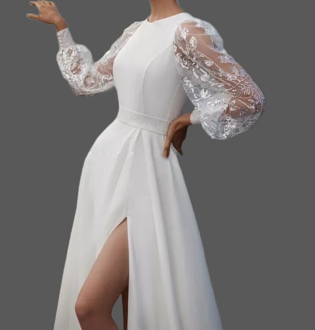Custom Bling Modestly Sexy Satin A Line Wedding Gown All Sizes