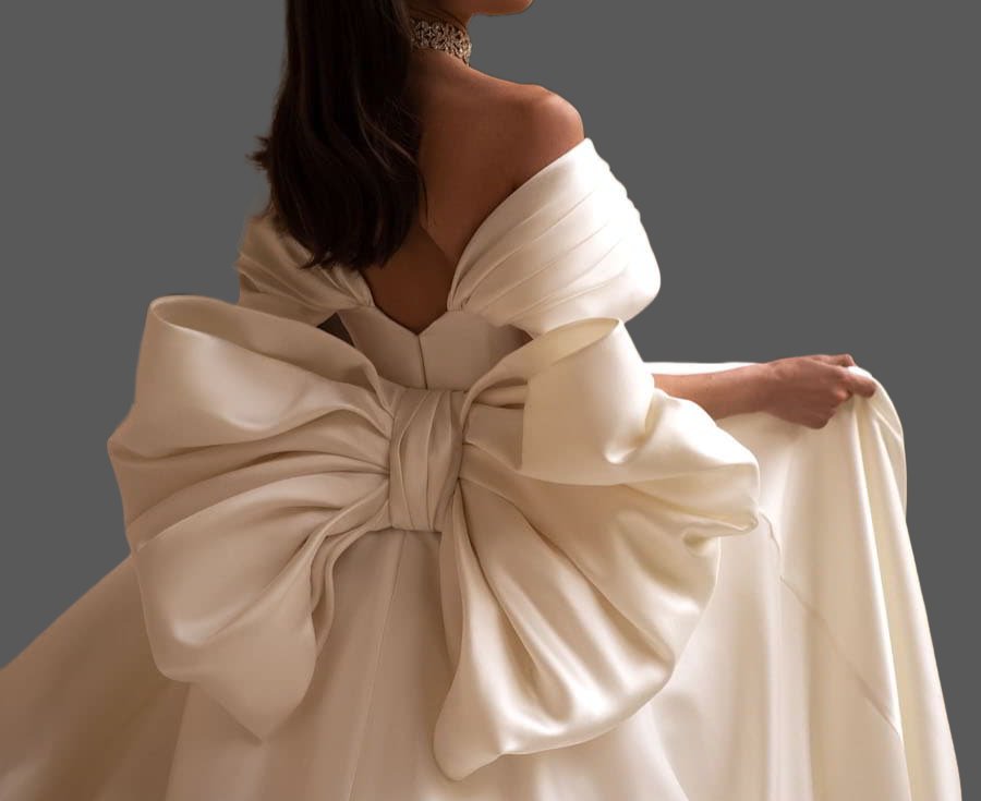 Custom Vintage Off Shoulder Bow Satin A Line Wedding Gown All Sizes/Colors