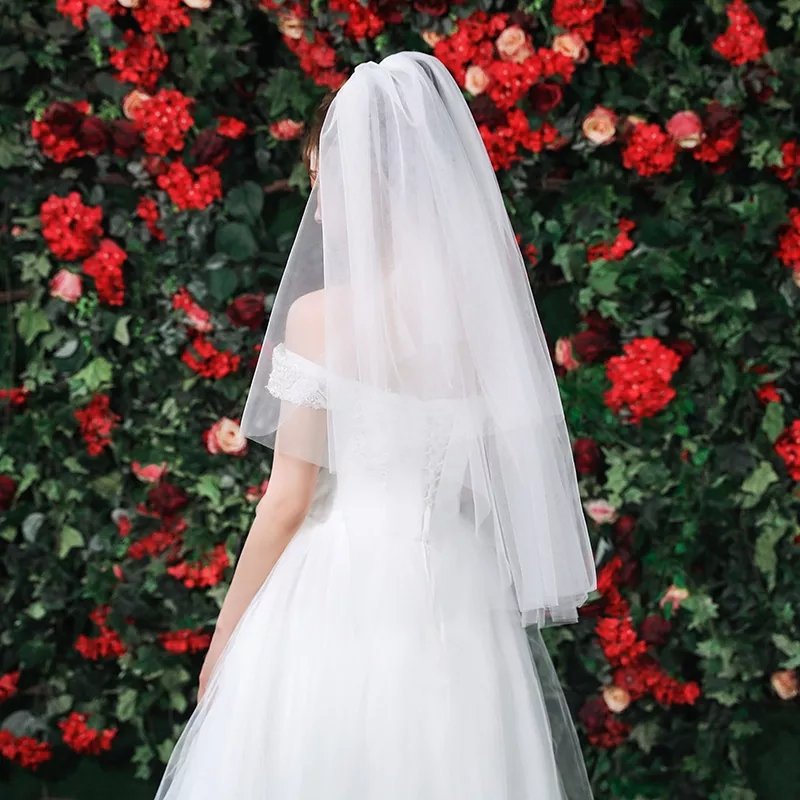 Waist Length Simple Tulle Wedding Veil w/ Blusher All Colors