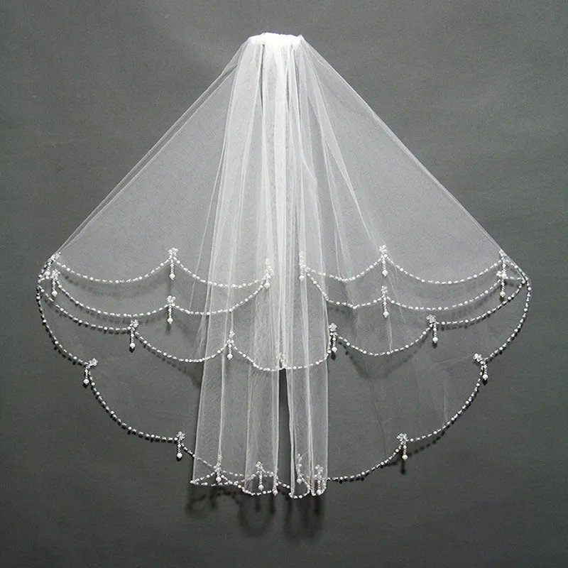 Antique Draped Layered Beaded Trim Flyaway Wedding Veil