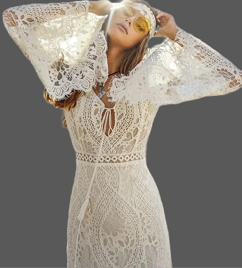 Custom Boho Crochet Lace Fit & Flair Wedding Gown All Sizes/Colors