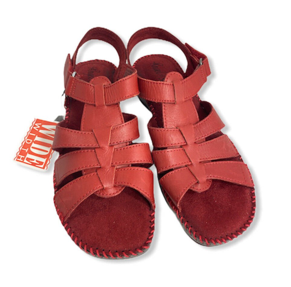 Angel Steps Wide Red Leather Suede Soft Sole Strap Women Sandals Size 6.5
