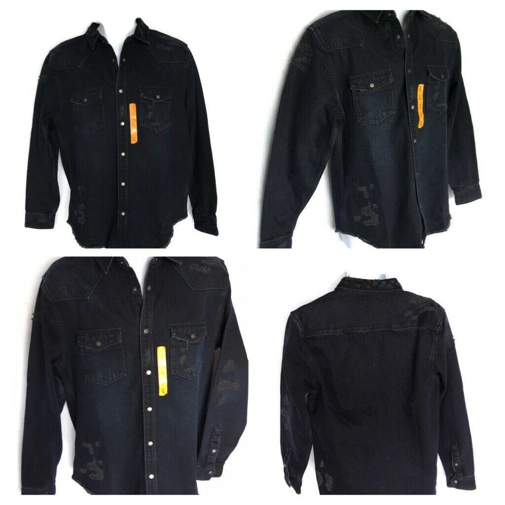 Zara Man Navy Blue ripped denim jacket distressed front pockets Size L