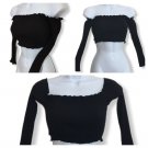 Sexy Long Sleeve Woman Black Cropped Top Blouse Top Stretch Size Small