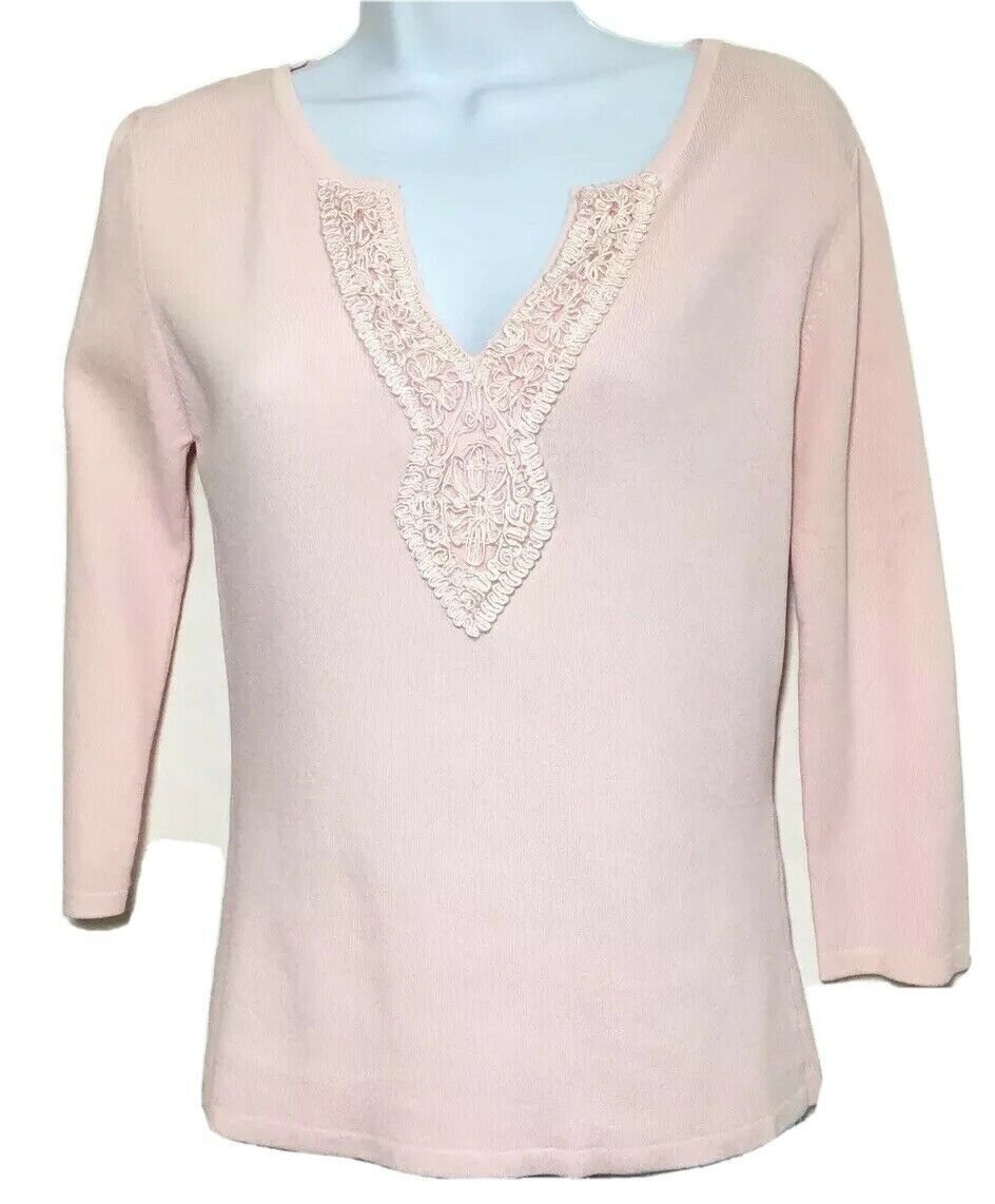 JAC Joseph A Sweater Size Small Pink Lace Neck Line Women  3/4 Sleeve Flaws